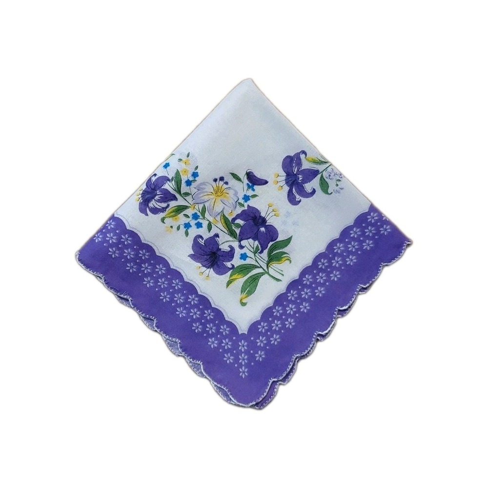 Linen Purple Lily Floral Handkerchief Scalloped Cottage Core Bridesmaid Granny